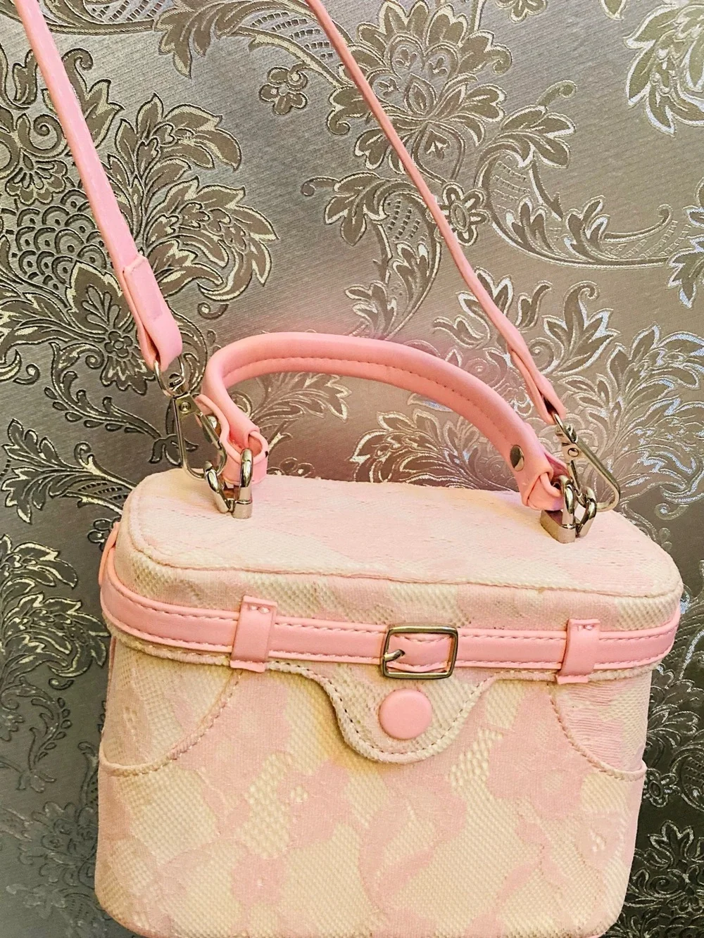 Pink Lace-Textured Top-Handle Crossbody Bag